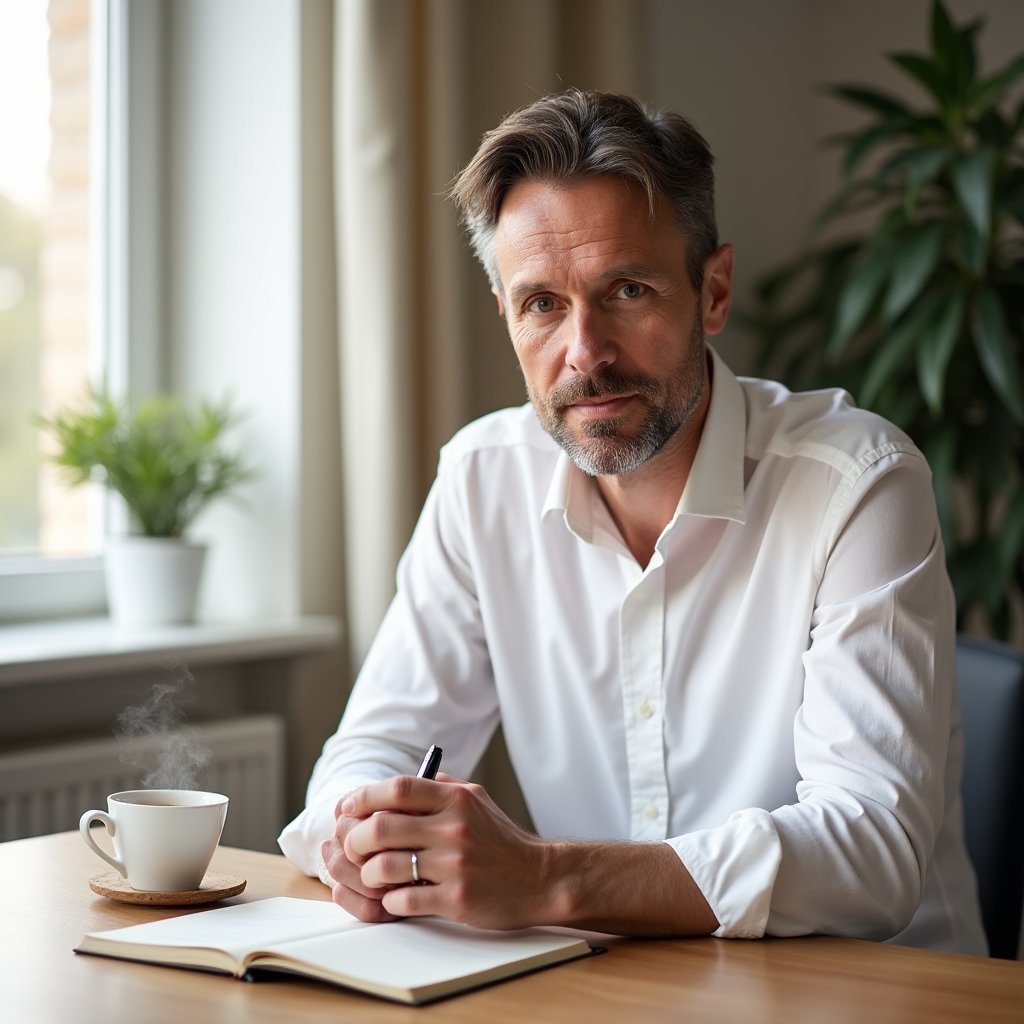 Person sitting at a clean desk with a cup of tea, looking calm and ready to begin, morning light through a window, plants on the windowsill