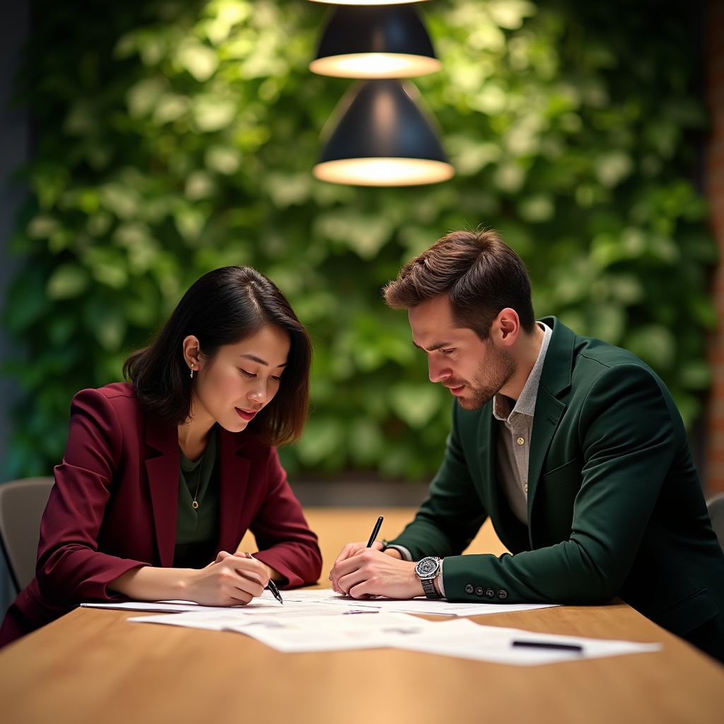 Two professionals reviewing financial planning documents at a modern desk with plants and natural materials in the background