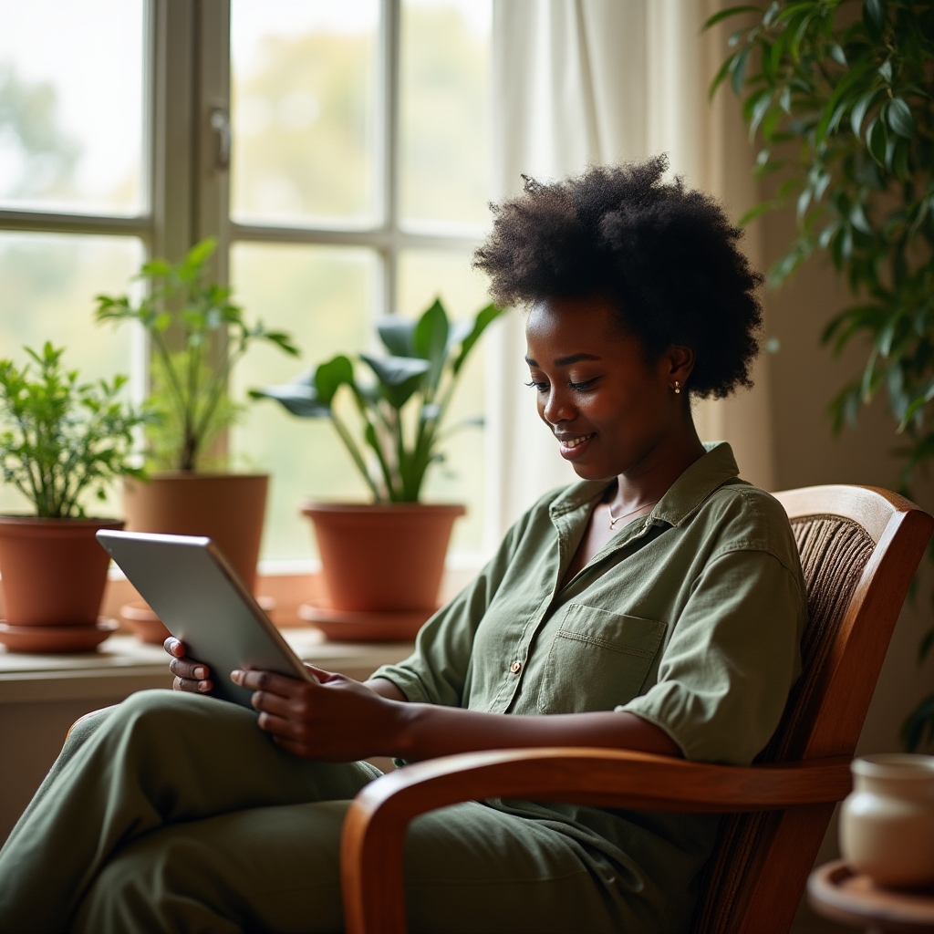 Person sitting comfortably in a chair with a tablet, engaged in reading, warm afternoon light, indoor plants visible, calm and focused atmosphere
