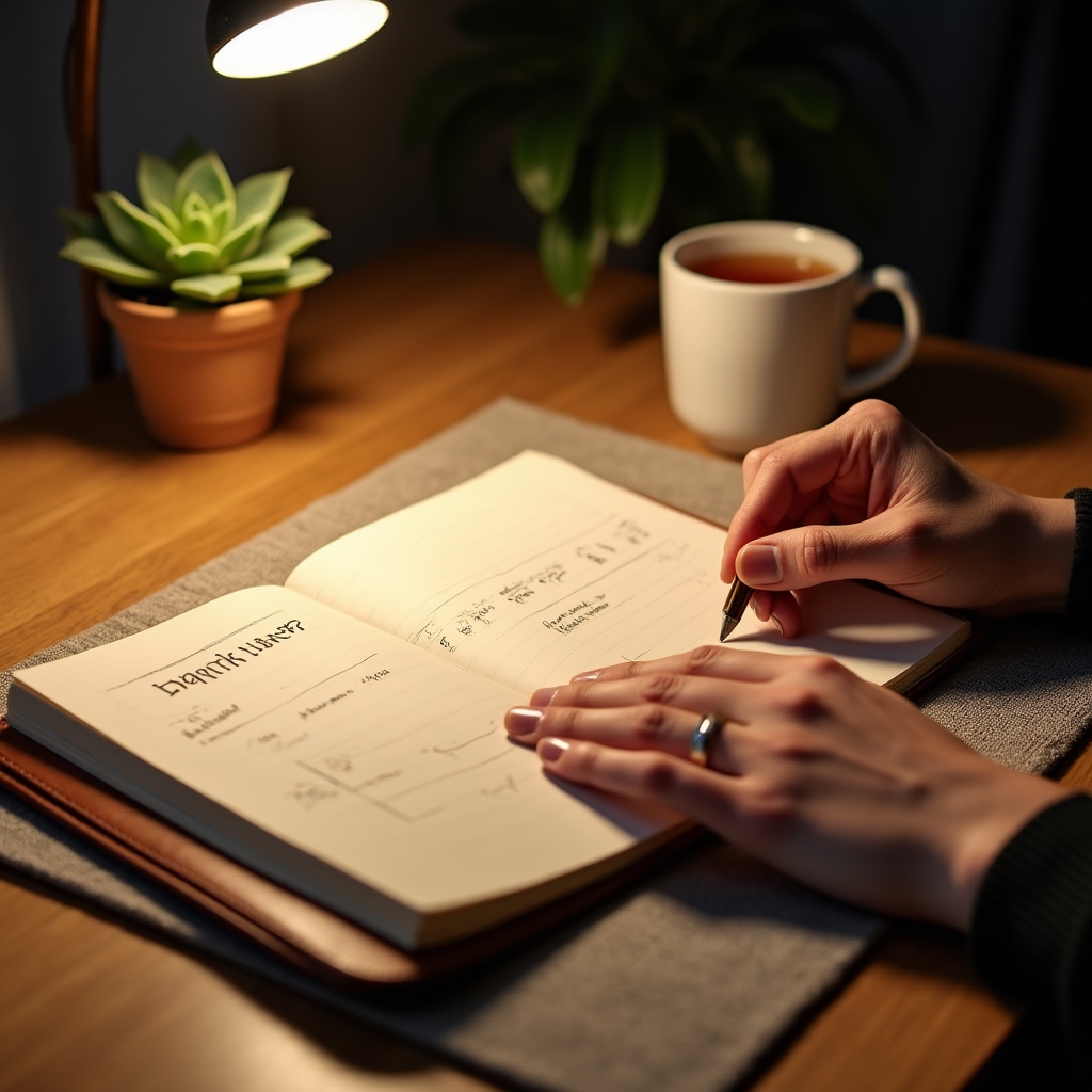 Close-up of hands holding a small notebook with handwritten financial notes, warm desk lamp light, shallow depth of field