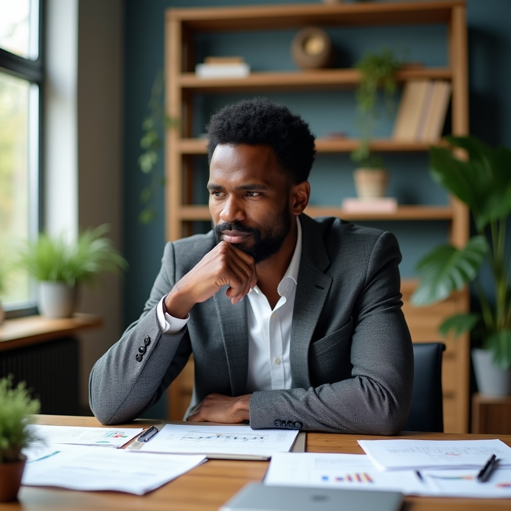 Person sitting at a desk reviewing financial documents with a thoughtful expression, natural light from a window